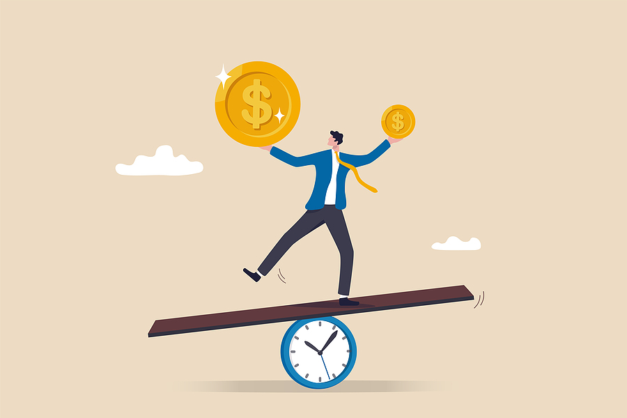 Time value of money, sum of money worth more now at present time than future, inflation or earning cost, value depend on time, businessman investor holding money big and small coin on clock seesaw.